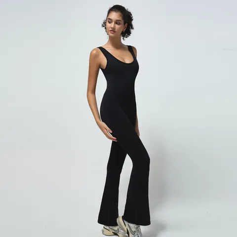 Women Seamless Backless Yoga Jumpsuit Flare Leg Workout Bodysuit Hollow Out Sleeveless Slim Fit Sports Gym Romper With Chest Pad