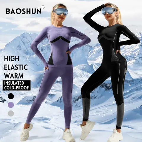 Seamless Thermal Ski Underwear Set Moisture Wicking High Elasticity Long Sleeve Top And Bottom For Winter Fitness Sports