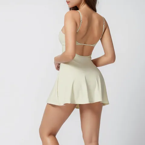 Women Nylon Spandex Athleisure Tennis Dress With Built-In Chest Pads And Shorts Backless Criss Cross Straps Slim Fit Sleeveless Side Slit One-Piece Workout Mini Dress