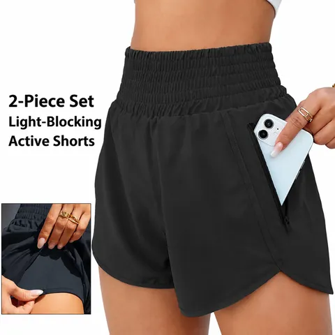Pantaloncini Sportivi da Donna a Vita Alta Finto Due Pezzi Asciugatura Rapida Yoga Shorts Con Tasche Laterali Anti-Esposizione Allenamento Corsa