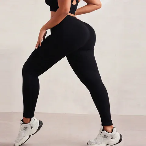 Women Plus Size High Waist Yoga Pants Tummy Control Butt Lift Seamless Ribbed Fitness Leggings Workout Running Bottom
