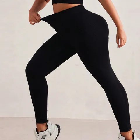Women Plus Size High Waist Yoga Pants Tummy Control Butt Lift Seamless Ribbed Fitness Leggings Workout Running Bottom