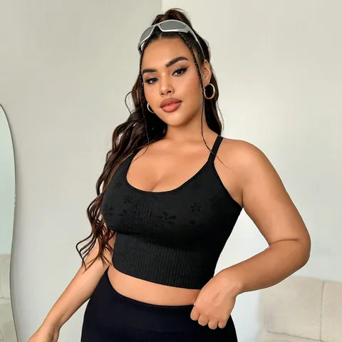 Women Plus Size High Impact Sports Bra Seamless Ribbed Yoga Vest Hollow Out Racerback Workout Crop Top Fitness Gym Tank
