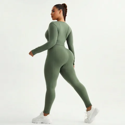 Conjuntos de Yoga de Tallas Grandes para Mujer Mallas de Cintura Alta Control de Abdomen Top Corto de Manga Larga Ropa Deportiva