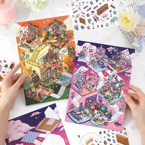 Large PET DIY Scene Stickers Set My Little House Series 6 Isometric Room Decor Scrapbooking Stickers For Journaling Galaxy Traveler Sunset Platform
