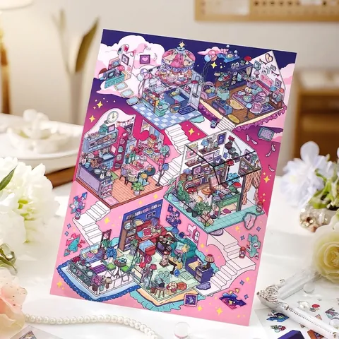 Large PET DIY Scene Stickers Set My Little House Series 6 Isometric Room Decor Scrapbooking Stickers For Journaling Galaxy Traveler Sunset Platform
