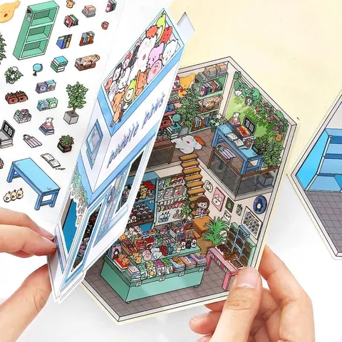 2.5D Isometric Miniature Shop Theme Stickers PET Cardboard Scrapbooking Decorative Sticker For DIY Arts Crafts Kids Gift