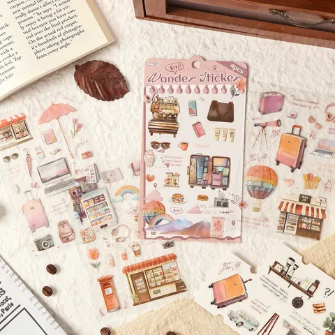 Vintage Viaggi Stile di Vita Impermeabile PET Adesivi Decorativi Illustrazioni Estetiche Dipinte a Mano per Journaling Scrapbooking DIY Planner Oggetti Retrò