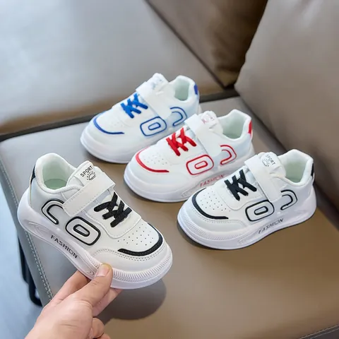 Kids White Sneakers Synthetic Leather Breathable Lightweight School Casual Shoes Magic Tape Closure For Boys Girls Sport Shoes