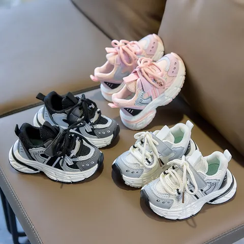 Kids Breathable Mesh PU Leather Sneakers Toddler Running Shoes Anti-Slip Chunky Sole Casual Sports Shoes For Boys Girls