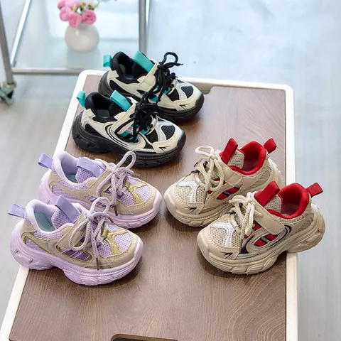 Kids Colorblock Sneakers Breathable Mesh PU Leather Soft Sole Casual Dad Shoes For Boys Girls Toddler School Sport
