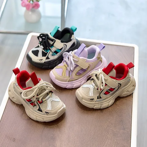 Kids Colorblock Sneakers Breathable Mesh PU Leather Soft Sole Casual Dad Shoes For Boys Girls Toddler School Sport