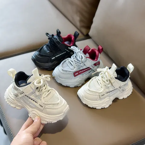Kids Breathable Mesh Chunky Sneakers Boys Girls PU Leather Non-Slip Thick Sole Running Dad Shoes Casual Fashion Sport Footwear