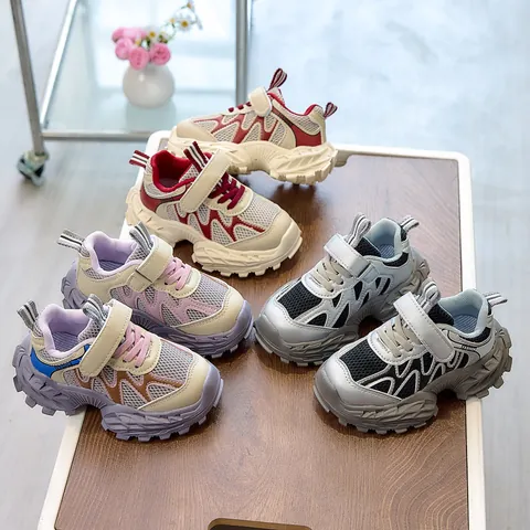 Kids Sneakers Children's Running Shoes PU Mesh Breathable Anti-Slip Thick Sole Hook And Loop Daddy Shoes For Boys Girls Casual Sports