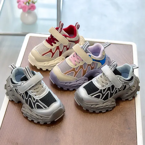 Kids Sneakers Children's Running Shoes PU Mesh Breathable Anti-Slip Thick Sole Hook And Loop Daddy Shoes For Boys Girls Casual Sports