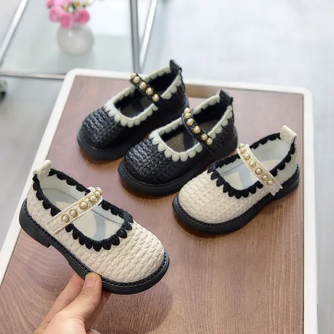 Girls Princess Mary Jane Shoes Vintage Woven PU Leather Flat Shoes With Faux Pearl Soft Sole Non-Slip School Party Shoes