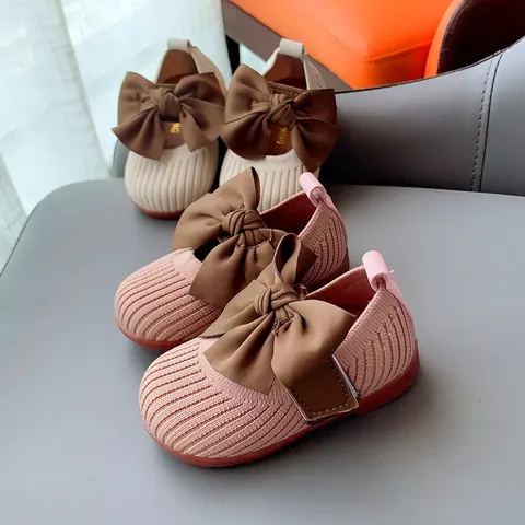 Baby Girl Toddler Princess Shoes Bow Soft Sole First Walker Breathable Non-Slip PU Knit Flat Shoes For Infant Walking
