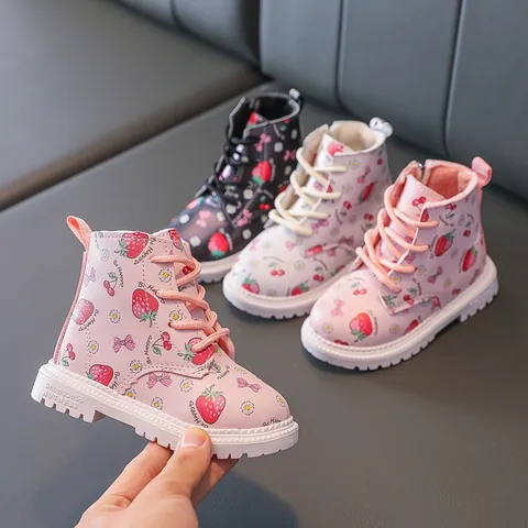 Girls British Style Martin Boots Cute Strawberry Print Microfiber Leather Warm Faux Fur Lined Side Zipper Ankle Boots