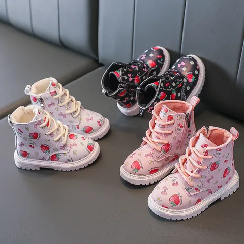 Girls British Style Martin Boots Cute Strawberry Print Microfiber Leather Warm Faux Fur Lined Side Zipper Ankle Boots