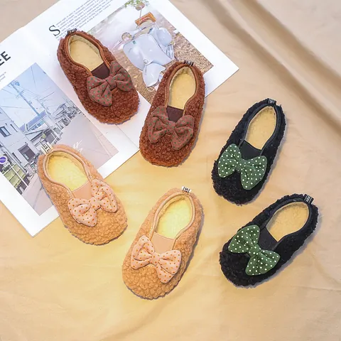 Kinder Warme Lammwolle Slipper Mädchen Herbst Winter Plüschschuhe Mit Schleife Punktmuster Rutschfeste Gummisohle Baumwollschuhe