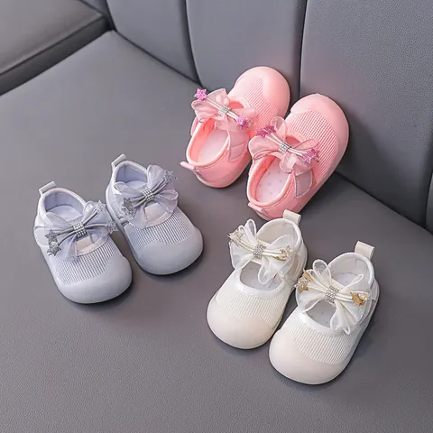 Scarpe Primi Passi per Neonata in Mesh Traspirante Suola Morbida Con Fiocco Strass Stella Principessa Mary Jane per Bambina