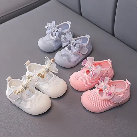 Scarpe Primi Passi per Neonata in Mesh Traspirante Suola Morbida Con Fiocco Strass Stella Principessa Mary Jane per Bambina