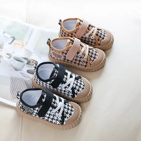 Chaussures en Toile Pied-de-Poule pour Enfants Baskets Décontractées Respirantes pour Garçons Filles Chaussures de Marche Antidérapantes Avec Fermeture à Bande Auto-agrippante