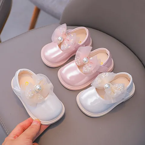 Chaussures Mary Jane Princesse pour Bébés Filles avec Nœud en Maille et Künstliche Perles Antidérapantes en Cuir PU pour Mariage