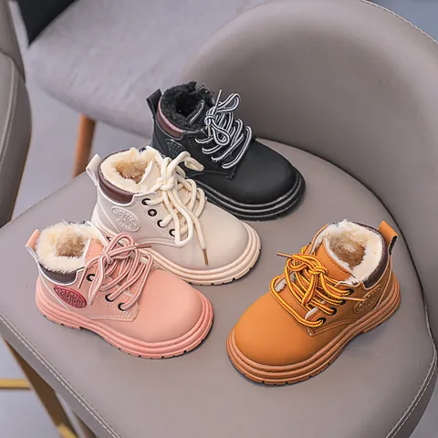Kids Winter Martin Boots Warm Fleece Lined PU Leather Short Boots For Toddler Boys Girls Non-Slip Side Zipper Lace-Up Work Boots