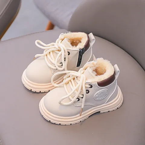 Kids Winter Martin Boots Warm Fleece Lined PU Leather Short Boots For Toddler Boys Girls Non-Slip Side Zipper Lace-Up Work Boots