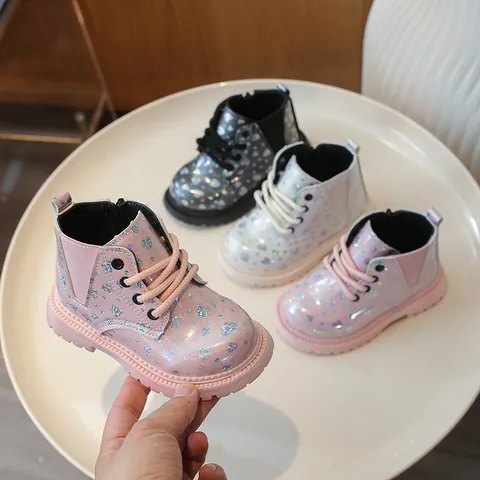 Mädchen Glänzende Martin Boots Holografisches Herzmuster Seitlicher Reißverschluss Rutschfest Mode Kinder Kurzstiefel Für Party