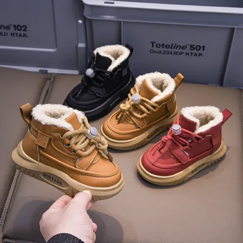 Kids Winter Snow Boots Warm Faux Lamb Wool Lined Cotton Shoes Non Slip TPR Sole Drawstring Closure Casual Children Outdoor Boots