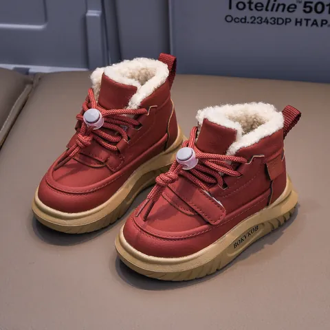 Kids Winter Snow Boots Warm Faux Lamb Wool Lined Cotton Shoes Non Slip TPR Sole Drawstring Closure Casual Children Outdoor Boots