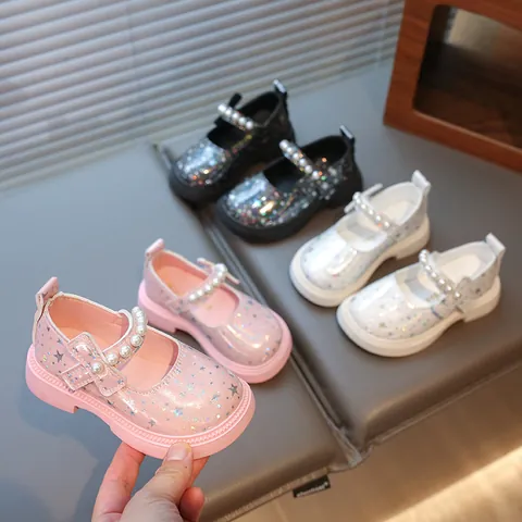 Zapatos Mary Jane para Niña Estilo Princesa de Cuero PU Brillante Con Decoración de Perlas y Patrón de Estrellas Holográficas