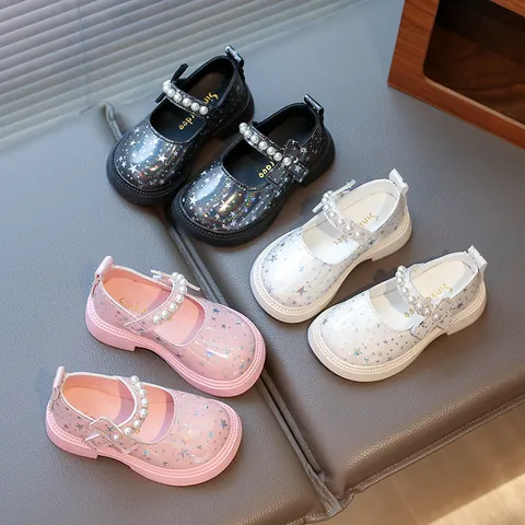 Zapatos Mary Jane para Niña Estilo Princesa de Cuero PU Brillante Con Decoración de Perlas y Patrón de Estrellas Holográficas