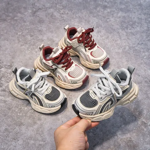 Kids Mesh Synthetic Leather Patchwork Sneakers Breathable Non-Slip Chunky Running Shoes Retro Casual Shoes For Boys Girls