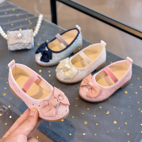 Girls Princess Glitter Mary Jane Shoes Large Bow Decor Sequins Flat Dance Shoes For Kids Party Wedding Performance
