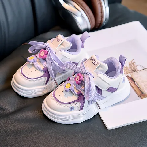 Kids Fashion Board Shoes Soft Sole Anti-Slip Sneakers with 3D Flower Decor Hook and Loop Children Casual Walking Shoes