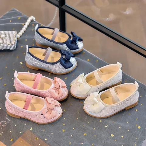 Girls Princess Glitter Mary Jane Shoes Large Bow Decor Sequins Flat Dance Shoes For Kids Party Wedding Performance