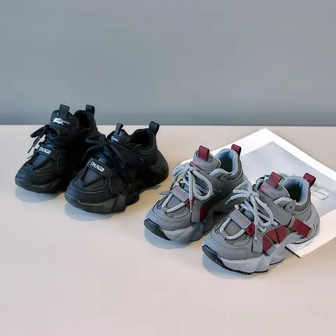 Kids Fashion Chunky Sneakers Breathable Synthetic Leather Sports Shoes For Boys Girls Thick Sole Anti Slip Running Shoes Casual Outdoor Athletic Footwear