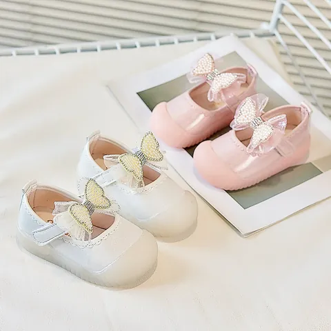 Toddler Girl Mary Jane Shoes Princess Artificial Pearl Bow Soft PU Leather Walking Shoes Non-slip Rubber Sole Baby First Walker Shoes