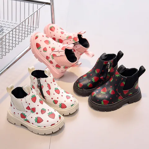 Kids Martin Boots Strawberry Print Short Boots Toddler Girls Boys Side Zipper Anti-Slip PU Leather Autumn Winter Ankle Boots