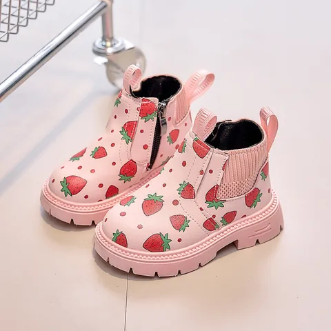 Kids Martin Boots Strawberry Print Short Boots Toddler Girls Boys Side Zipper Anti-Slip PU Leather Autumn Winter Ankle Boots