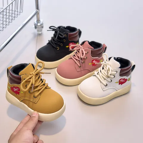Kids Martin Boots Microfiber Leather Heart Pattern Side Zipper Non-slip Short Boots For Toddler Boys Girls Autumn Spring