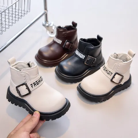 Kids Martin Boots Synthetic Leather Side Zipper Non-slip Thick Sole Trendy Casual British Style Short Boots For Boys Girls
