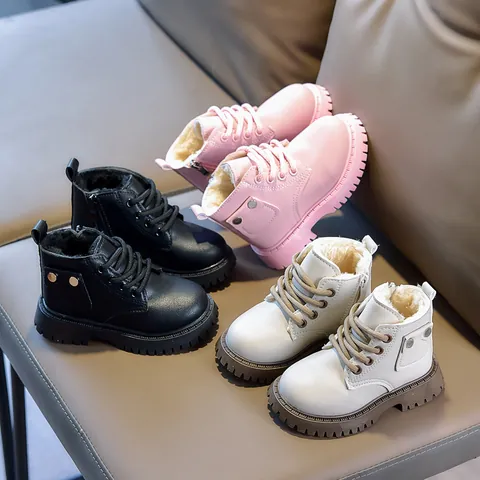 Kids Martin Boots PU Leather Fleece Lined Winter Warm Waterproof Non-slip Side Zipper British Style Casual Short Boots