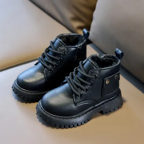 Kids Martin Boots PU Leather Fleece Lined Winter Warm Waterproof Non-slip Side Zipper British Style Casual Short Boots