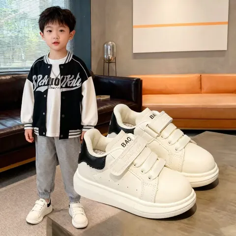 Kids Casual Sneakers Velcro Closure Synthetic Leather Shoes For Boys Girls School Daily Wear Anti-slip Flat Shoes