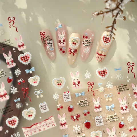 5D Geprägte Weihnachts Nagelaufkleber Süßer Hase Rote Schleife Kariertes Herz Schneeflocke Selbstklebend Winter Maniküre Aufkleber