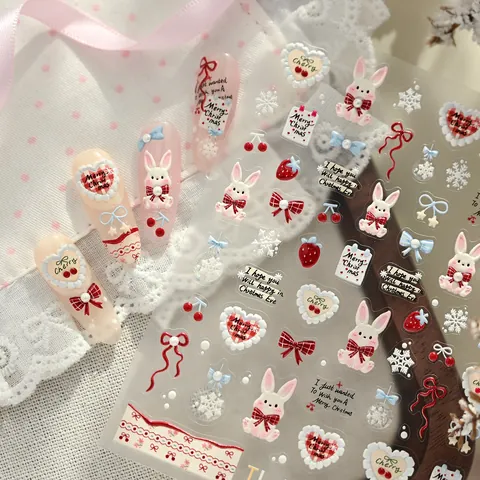 5D Geprägte Weihnachts Nagelaufkleber Süßer Hase Rote Schleife Kariertes Herz Schneeflocke Selbstklebend Winter Maniküre Aufkleber